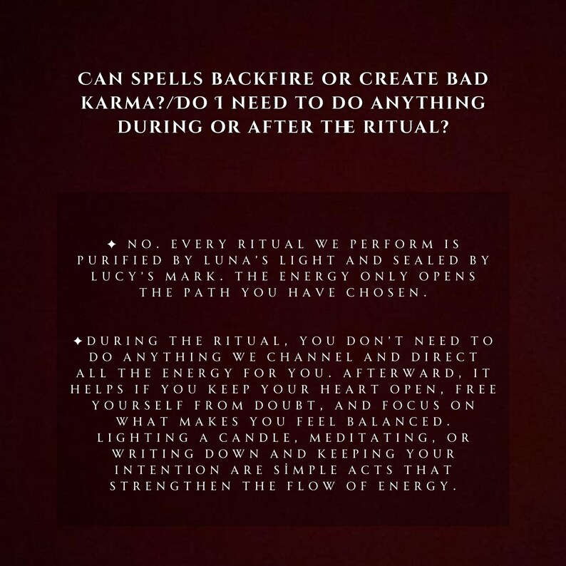 May include: A dark red background with white text. The text asks if spells can backfire or create bad karma, and if anything needs to be done during or after a ritual. The text provides answers about rituals.