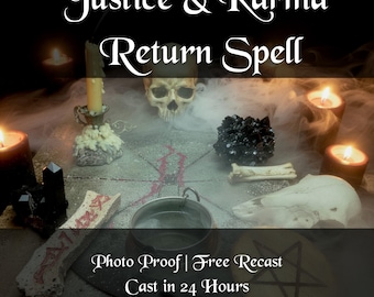 May include: An occult-themed image with the text "Justice & Karma Return Spell." The scene includes a skull, candles, crystals, and a cauldron, with a pentagram symbol and the text "Photo Proof | Free Recast Cast in 24 Hours."