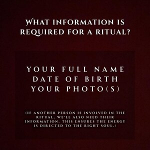 Puede incluir: Un gr&aacute;fico burdeos oscuro con texto blanco. El texto dice "&iquest;QU&Eacute; INFORMACI&Oacute;N SE REQUIERE PARA UN RITUAL?" y enumera "SU NOMBRE COMPLETO, FECHA DE NACIMIENTO, SU(S) FOTO(S)". Texto adicional explica la necesidad de informaci&oacute;n si otra persona est&aacute; involucrada.