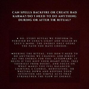 May include: A dark red background with white text. The text asks if spells can backfire or create bad karma, and if anything needs to be done during or after a ritual. The text provides answers about rituals and energy.