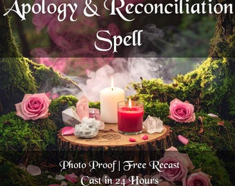May include: An arrangement for a spell, featuring a white candle, a red candle in a glass, crystals, and pink roses on a mossy surface. The text reads "Apology & Reconciliation Spell" and "Photo Proof | Free Recast Cast in 24 Hours".