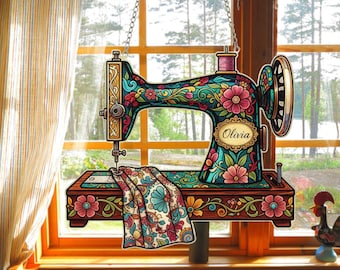 Adorno de máquina de coser personalizado, efecto vitral, regalo para quilters