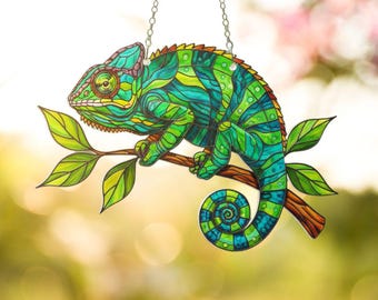 Atrapasol camaleón con efecto vitral, acrílico para colgar en la ventana