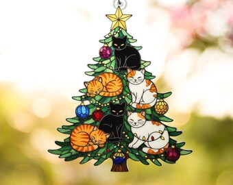Adorno navideño de gato, acrílico con efecto vitral, ideal como regalo navideño.