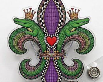 Carrete de insignia con diseño de flor de lis de Mardi Gras, portaidentificación de cocodrilo, insignia retráctil de Nueva Orleans, regalo de cocodrilo de Nueva Orleans para enfermeras, médicos y profesores.