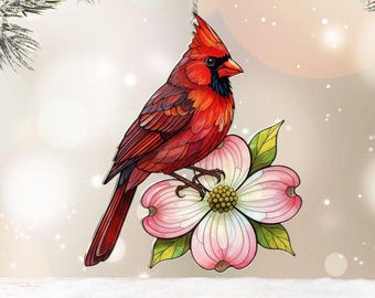 Cardenal sobre cornejo, atrapasol, adorno acrílico con efecto vitral