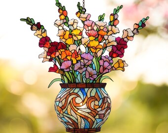 Jarrón floral atrapasol, acrílico efecto vitral para colgar en la ventana