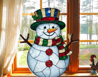 Atrapasol de muñeco de nieve con efecto vitral, adorno navideño de acrílico