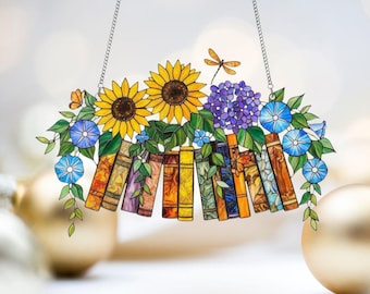 Atrapasol floral para estantería, colgante de ventana acrílico con hortensias y girasoles