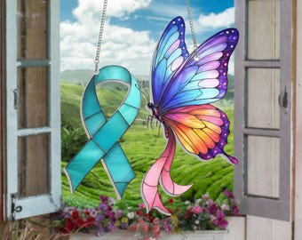 Atrapasol de mariposa con lazo rosa verdoso, regalo de concientización