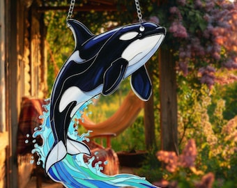 Orca Whale Acrylic Suncatcher, Faux Stained Glass Window Hanging