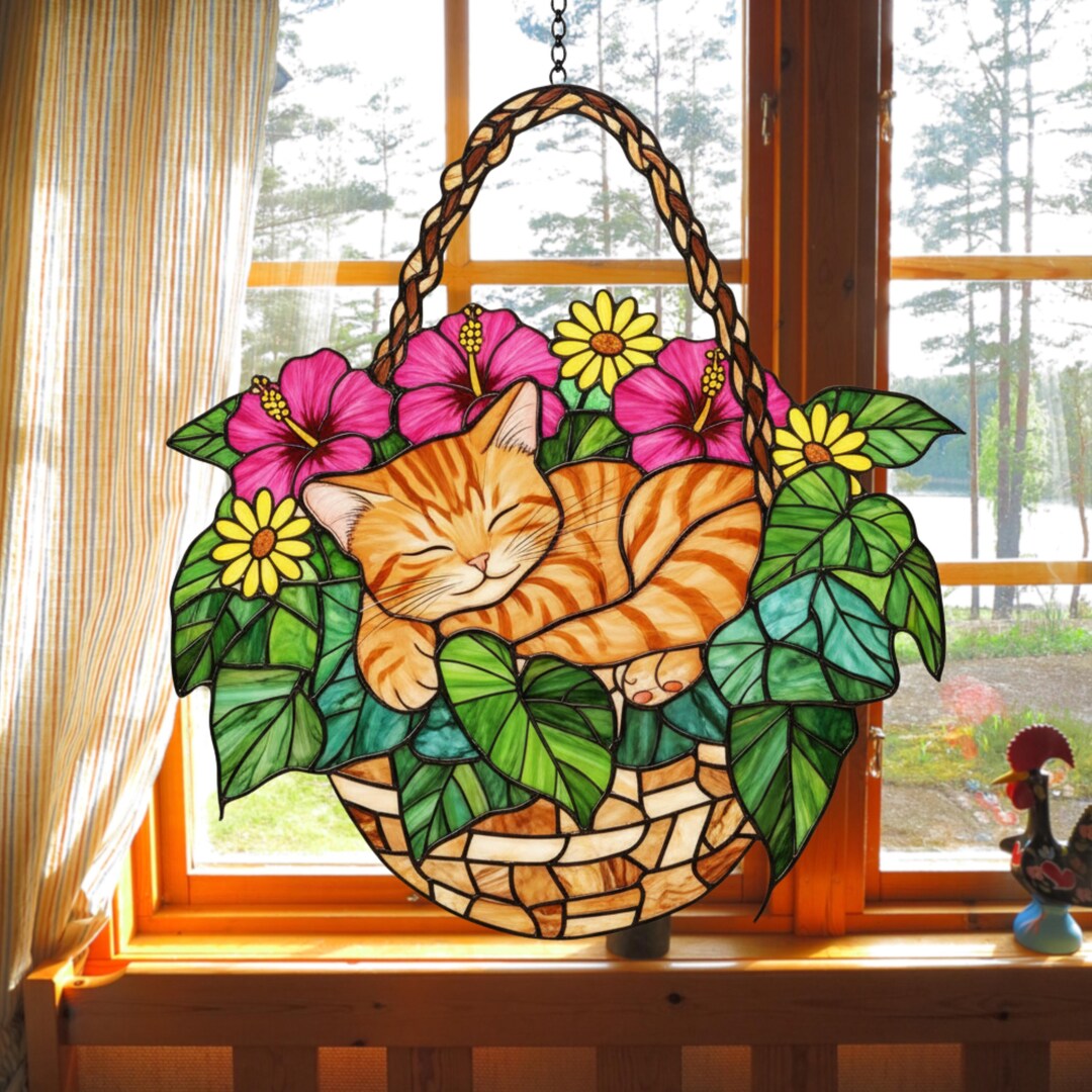 Tabby Cat Suncatcher, Stained Glass Effect Acrylic Window Hanging ...