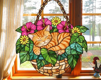 Atrapasueños de gato atigrado, cesta floral, vitral de imitación para colgar en la ventana