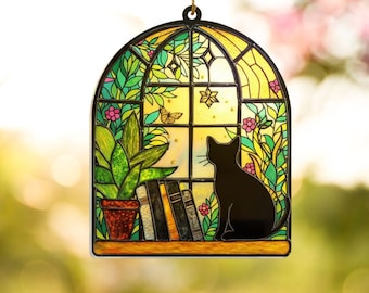 Atrapasueños de gato negro, colgante de ventana con efecto vitral, regalo para amantes de los libros