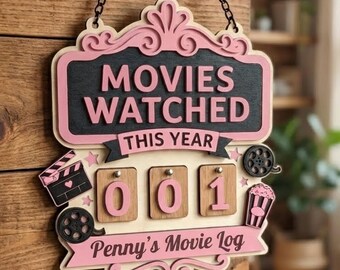 Letrero colgante de madera personalizado "Películas vistas este año" / Letrero 3D en capas para decoración del hogar