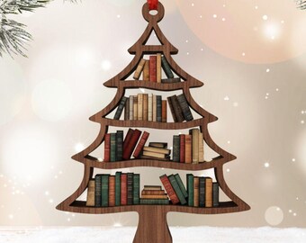 Adorno navideño de estantería de madera, regalo para amantes de los libros