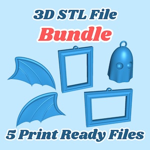 May include: A bundle of 3D STL files featuring five print-ready designs. The image includes blue dragon wings, picture frames, and a ghost-like figure. Text on the image reads "3D STL File Bundle" and "5 Print Ready Files" on a light blue background.