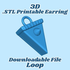 Könnte beinhalten: Ein blaues, 3D-gerendertes Ohrring-Design mit dreieckiger Form und Schlaufe zum Aufhängen. Der Ohrring hat eine strukturierte Oberkante und ein konisches Detail. Der Text auf dem Bild lautet "3D .STL Printable Earring" und "Downloadable File Loop."