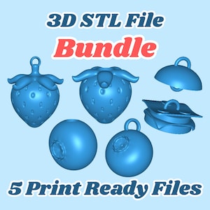Könnte beinhalten: Ein Bundle von 3D-STL-Dateien mit fünf druckfertigen Designs. Die Designs umfassen eine Erdbeere, eine Blaubeere und ein Sandwich, alle in Hellblau. Der Text lautet "3D STL File Bundle" und "5 Print Ready Files".