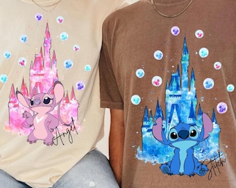 Comfort Colors Disney Stitch and Angel Couple Shirt, Disneyland Stich and Angel with Castle Kids Tee, Matching Family Disney Trip Outfit