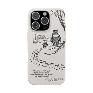 May include: A phone case featuring a black and white illustration of Winnie-the-Pooh and Piglet walking. The case has a quote from the book and the author's name. The case is designed to fit a smartphone.