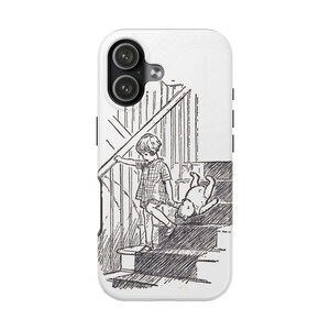 May include: White phone case featuring a black and white illustration of a child and a stuffed animal on a staircase. The artwork is a line drawing style, with the child standing and the stuffed animal tumbling down the stairs.