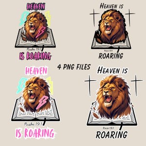 May include: A digital design featuring a roaring lion with a brown mane, emerging from an open book. The text "Heaven Is Roaring" and "Psalm 19:1" are included. The design also includes lightning bolts and crosses.