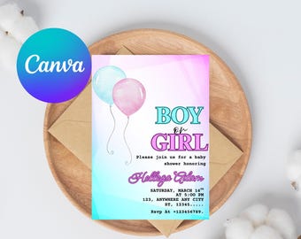 Balloon Gender Reveal Invitation, Editable Minimalist Gender Reveal Invite Template, Girl or Boy Gender Reveal Invitation Template