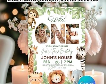 May include: A customizable birthday invitation template with the text "EDITABLE CANVA TEMPLATES" at the top. The invitation features a jungle theme with illustrations of animals, the text "Wild ONE", and details for Jack's First Birthday.