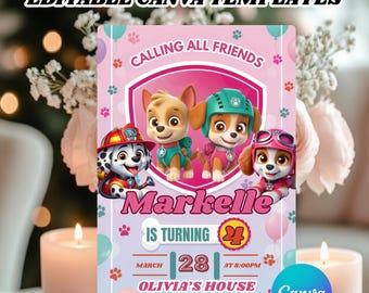 編集可能な子犬の誕生日招待状、Paw-ty Dogパーティー招待状、Pup CrewのCanvaテンプレート、子供向けデジタルダウンロード、男の子向け・女の子向け印刷可能なカード