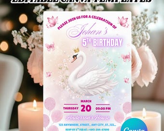 One Silly Goose eerste verjaardagsuitnodiging, elegante bloemen strik thema bewerkbare sjabloon, roze pastel Goose partij uitnodigen meisje 1e verjaardag