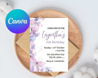 Editable Butterfly Birthday Invitation, Pink & Purple Butterfly Theme Party Invite | Instant Download Printable Template