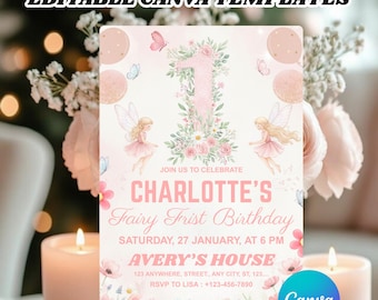Fairy First Birthday Invitation Girl, Fairy 1st Birthday Invite, Girl Birthday Invitation, Garden Fairy Birthday, Canva Editable Template