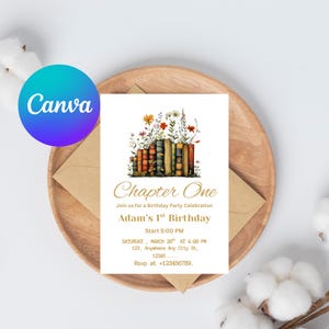 May include: A birthday invitation with the text "Chapter One" and "Adam's 1st Birthday". The invitation features a watercolour illustration of books with flowers on top. The invitation is on a white background.