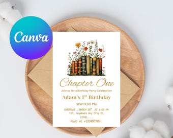 May include: A birthday party invitation with the text "Chapter One" and "Adam's 1st Birthday". The invitation features a watercolor illustration of books with flowers on top. The invitation is on a white background.