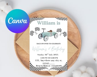 Race Car 1st Birthday Invitation, Vintage Blue, Editable (Printable)