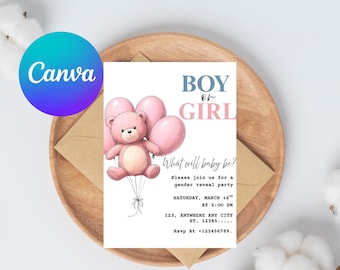 We Can Bearly Wait Gender Reveal Invitation, He or She Bear Theme Invites, Teddy Bear Pink Blue Balloon, Boy or Girl Party Editable Template