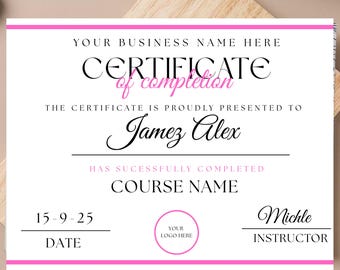Plantilla editable de certificado de finalización en rosa: folleto de curso de belleza (Canva, descarga digital)