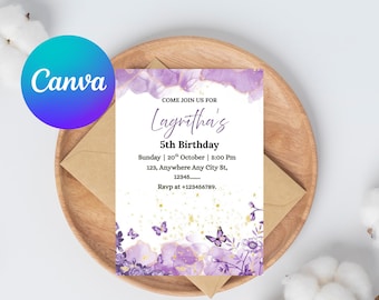 Editable Butterfly Birthday Invitation, Pink & Purple Butterfly Theme Party Invite | Instant Download Printable Template