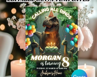 Dinosaur Birthday Invitation,Three Rex Birthday Invite, Boys Third Birthday Dino Party, Three-Rex On The Loose, Editable Canva Template