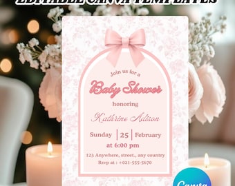 Vintage Dusty Pink Bow Floral Toile Baby Shower Invitation Template, Elegant Chinoiserie Coquette Bow, Cottagecore, Instant edit in Canva.
