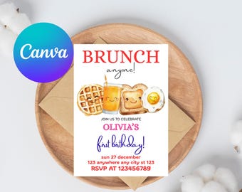 Editable First Birthday Invitation, Brunch Anyone, Brunch Birthday Party, Breakfast, Baby Girls Birthday, INSTANT DOWNLOAD Template Any Age