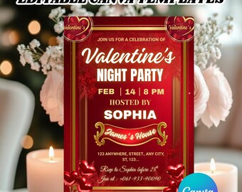 以下が含まれることがあります： 「Valentine's Night Party」のテキストとイベントの詳細が記載された、赤と金のバレンタインナイトパーティーの招待状テンプレート。招待状はソフィアが主催し、「James's House」のテキストが含まれています。Canvaのロゴは右下にあります。