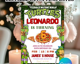 Ninja Turtles Birthday Invitation – Editable Canva Template for a Pizza and Ninjas Turtle Party. Digital or Printable Invite Card
