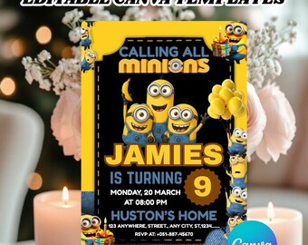 Editable Cute Yellow Mini Birthday Invitation | Mini Birthday Invite | Cute Yellow Characters Party | Canva Template | Instant Download