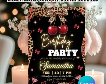 Cheetah Print Birthday Invitation, Black Bow Coquette Party Printable Invite, Editable Canva Design, Instant PDF Download