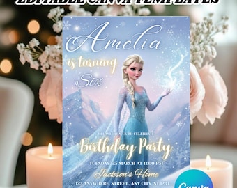 Frozen Birthday Invitation, Elsa & Anna Party invitation, Editable Frozen Birthday Party Invite, Frozen Evite, Canva Any Age Card, kids bday