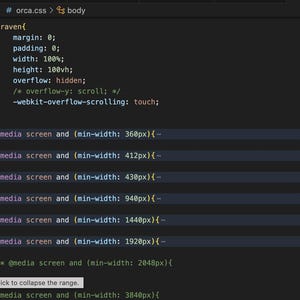 Może przedstawiać: Zrzut ekranu kodu CSS w edytorze z ciemnym motywem. Kod definiuje marginesy, dopełnienie, szerokość i wysokość. Widoczny jest tekst "Click to collapse the range".