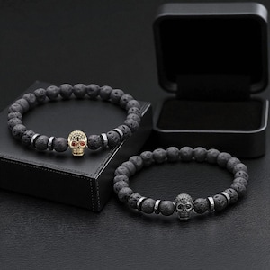 Black Eye Skull Hematite Bead Bracelet – Handmade 8mm Lava Stone Charm Jewelry for Men, Gothic Punk Bracelet, Gift for Him Birthday