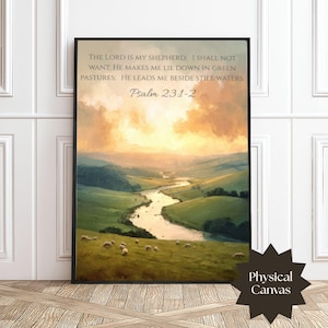 Christian Canvas Wall Art Psalm 23 Scripture Verse Green Pastures Still Waters Sheep Landscape Faith Based Religious Home Decor Gift